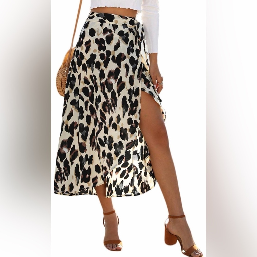 🆕 Boho Leopard Skirt High Low Split Summer Beach Midi Wrap Skirt